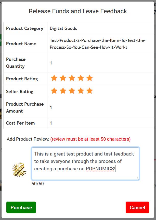 POPNOMICS Crypto Currency Marketplace Complete Purchase and Leave Feedback
